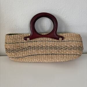 Woven Straw Purse Handbag Round Double Wooden Handles Oblong Boho Green Lining